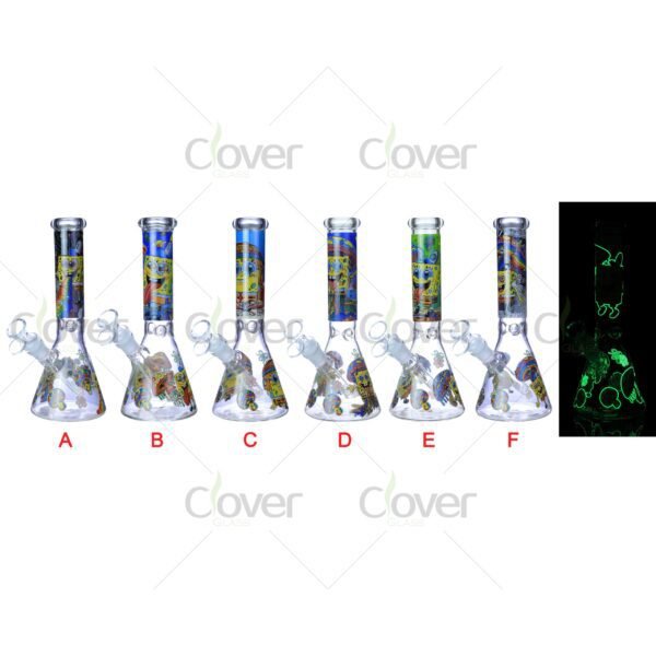 Cheap beaker bong with colorful decal designs, durable borosilicate glass for smooth hits.