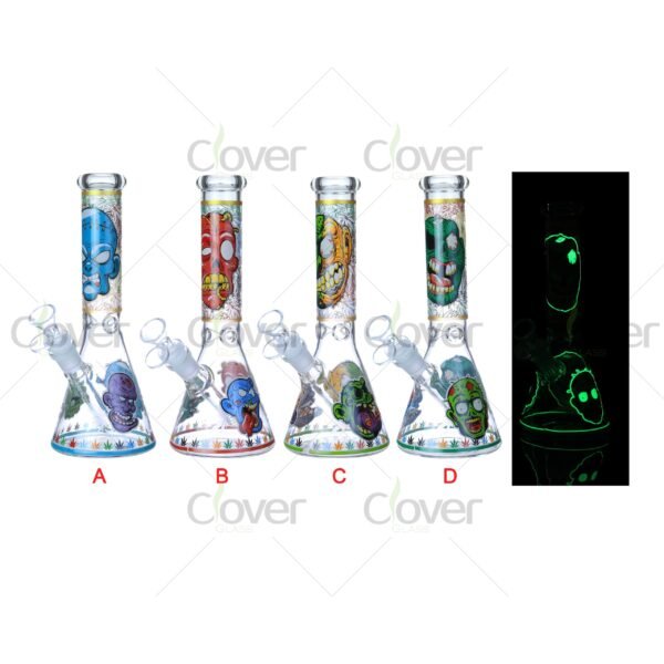 Cheap beaker bong with colorful decal designs, durable borosilicate glass for smooth hits.