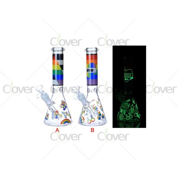 Cheap beaker bong with colorful decal designs, durable borosilicate glass for smooth hits.
