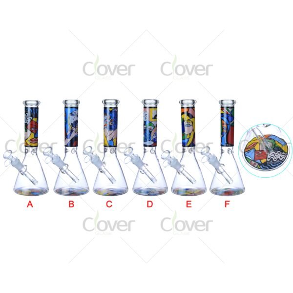Cheap beaker bong with colorful decal designs, durable borosilicate glass for smooth hits.