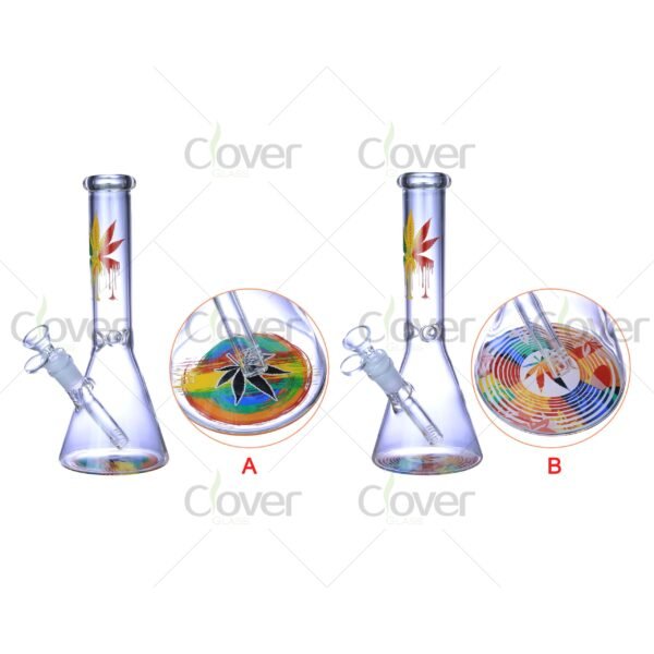 Cheap beaker bong with colorful decal designs, durable borosilicate glass for smooth hits.