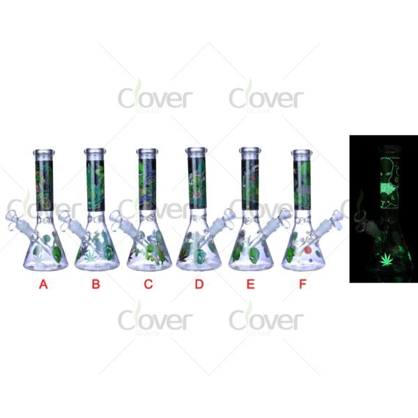Cheap beaker bong with colorful decal designs, durable borosilicate glass for smooth hits.