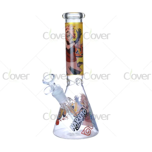 Cheap beaker bong with colorful decal designs, durable borosilicate glass for smooth hits.