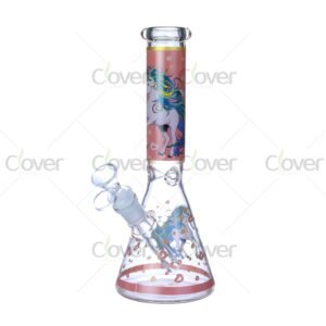 Cheap beaker bong with colorful decal designs, durable borosilicate glass for smooth hits.