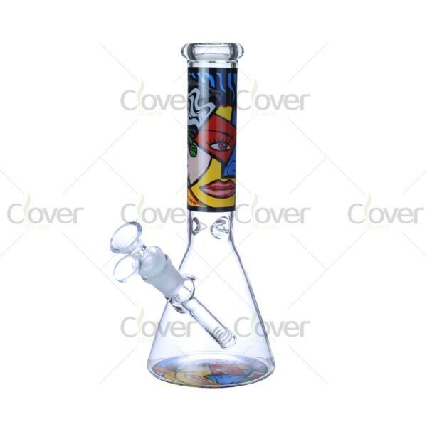 Cheap beaker bong with colorful decal designs, durable borosilicate glass for smooth hits.