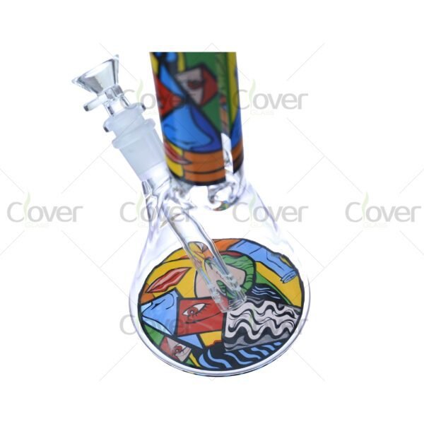 Cheap beaker bong with colorful decal designs, durable borosilicate glass for smooth hits.