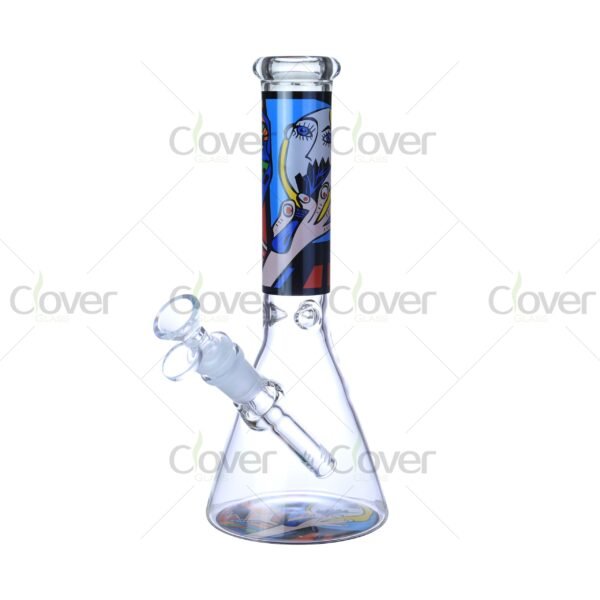 Cheap beaker bong with colorful decal designs, durable borosilicate glass for smooth hits.