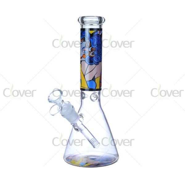 Cheap beaker bong with colorful decal designs, durable borosilicate glass for smooth hits.