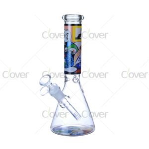 Cheap beaker bong with colorful decal designs, durable borosilicate glass for smooth hits.