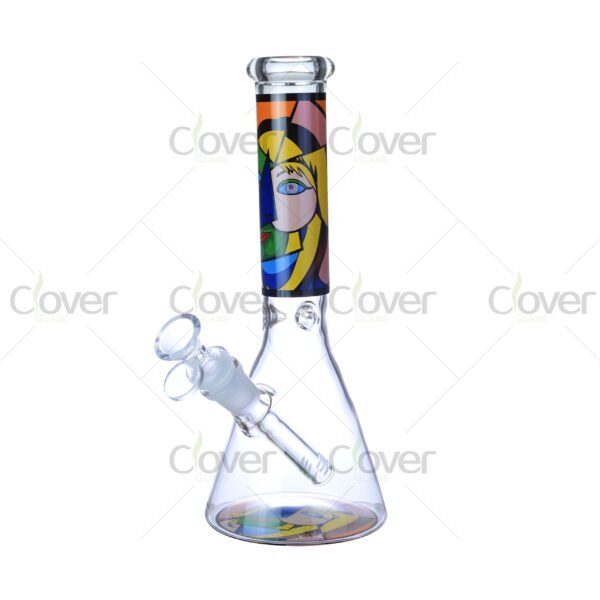 Cheap beaker bong with colorful decal designs, durable borosilicate glass for smooth hits.