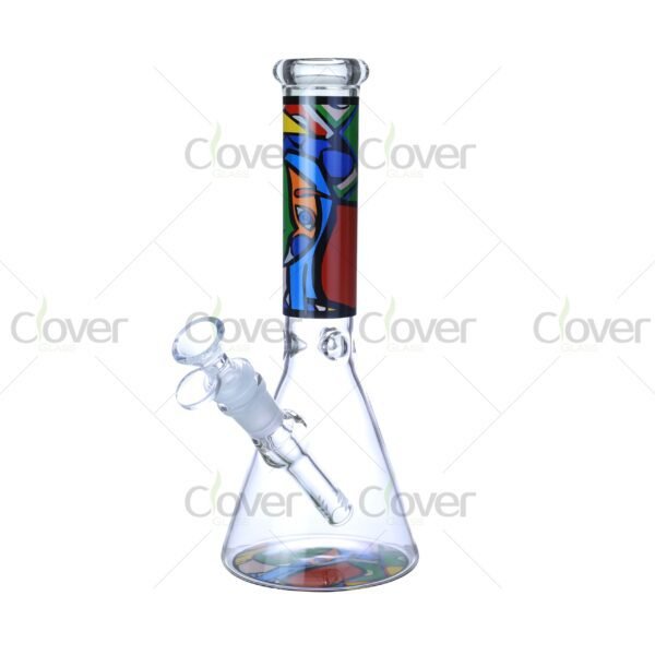 Cheap beaker bong with colorful decal designs, durable borosilicate glass for smooth hits.