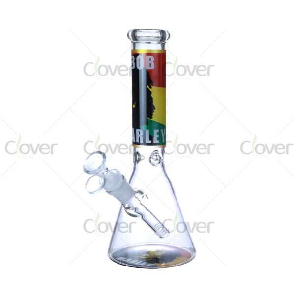 Cheap beaker bong with colorful decal designs, durable borosilicate glass for smooth hits.