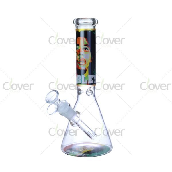 Cheap beaker bong with colorful decal designs, durable borosilicate glass for smooth hits.