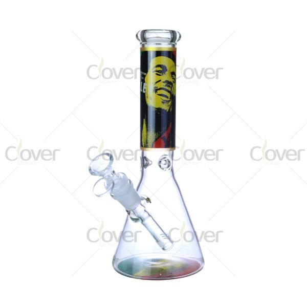 Cheap beaker bong with colorful decal designs, durable borosilicate glass for smooth hits.