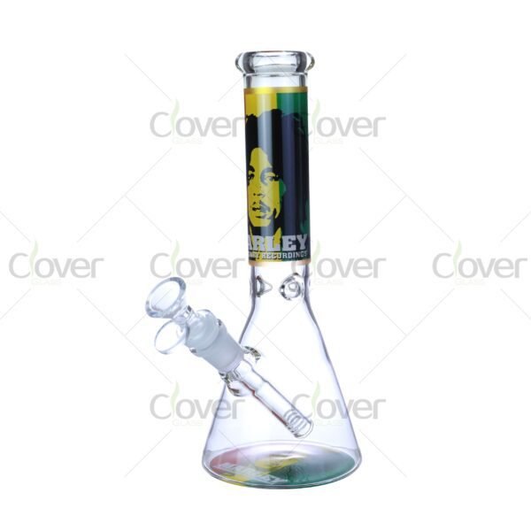 Cheap beaker bong with colorful decal designs, durable borosilicate glass for smooth hits.