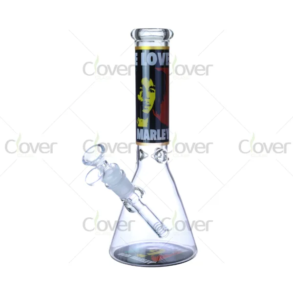 Cheap beaker bong with colorful decal designs, durable borosilicate glass for smooth hits.