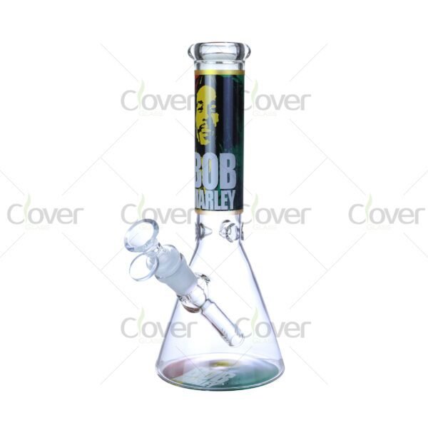 Cheap beaker bong with colorful decal designs, durable borosilicate glass for smooth hits.