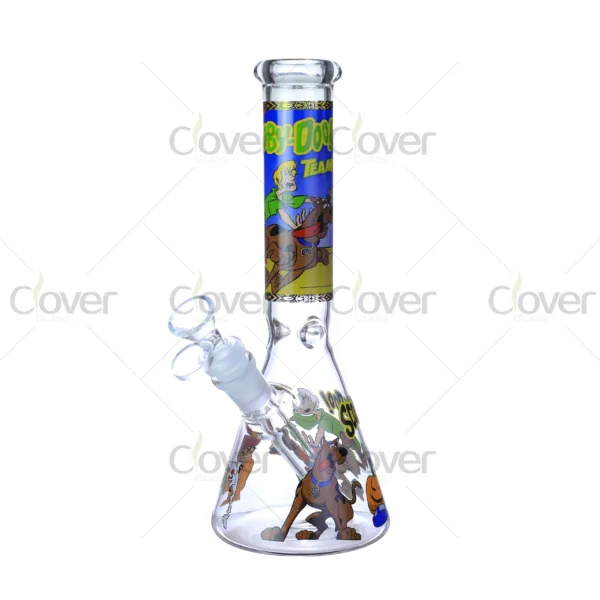 Cheap beaker bong with colorful decal designs, durable borosilicate glass for smooth hits.