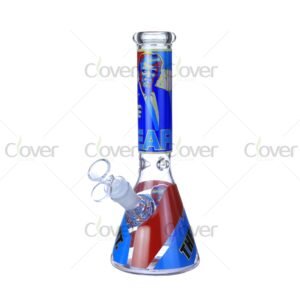 Cheap beaker bong with colorful decal designs, durable borosilicate glass for smooth hits.