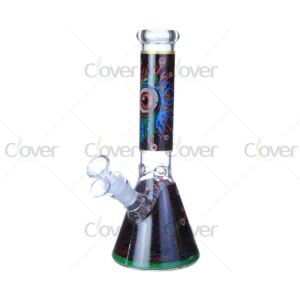 Cheap beaker bong with colorful decal designs, durable borosilicate glass for smooth hits.
