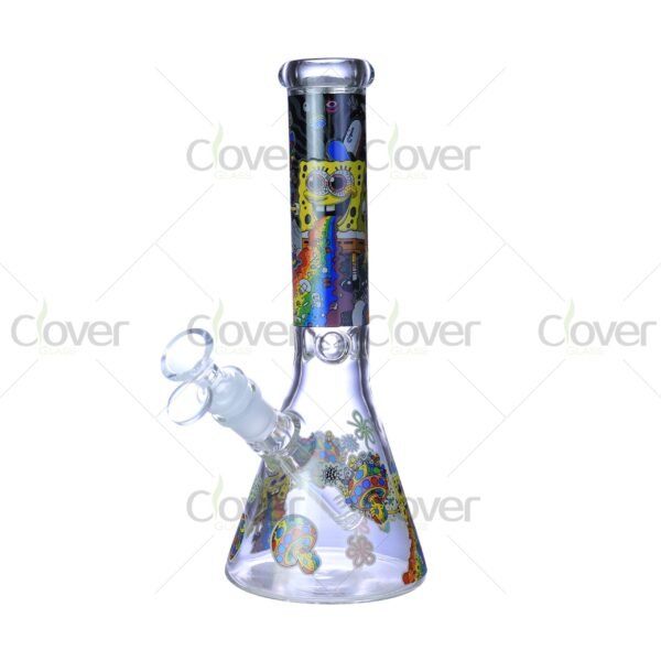 Cheap beaker bong with colorful decal designs, durable borosilicate glass for smooth hits.