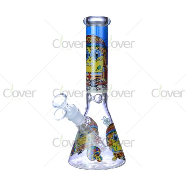 Cheap beaker bong with colorful decal designs, durable borosilicate glass for smooth hits.