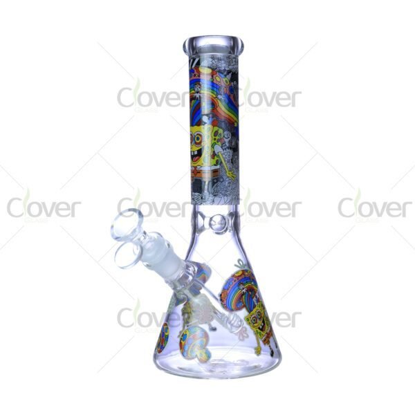 Cheap beaker bong with colorful decal designs, durable borosilicate glass for smooth hits.