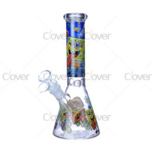 Cheap beaker bong with colorful decal designs, durable borosilicate glass for smooth hits.