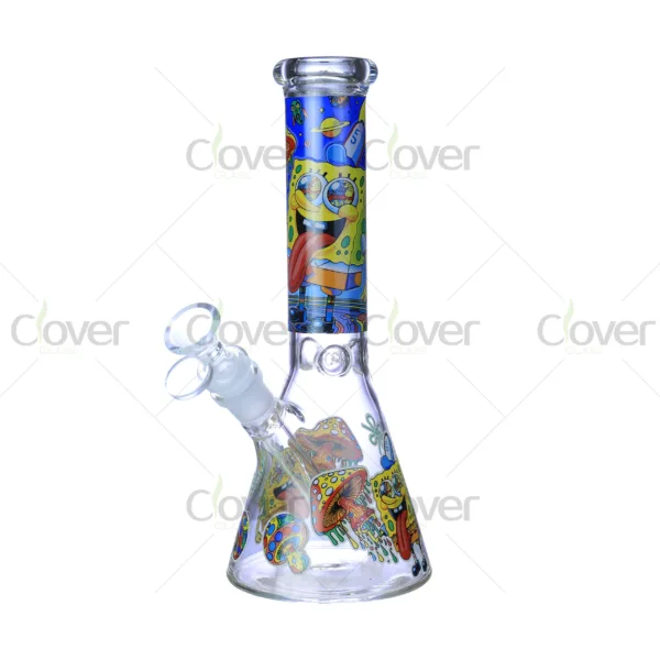 Cheap beaker bong with colorful decal designs, durable borosilicate glass for smooth hits.