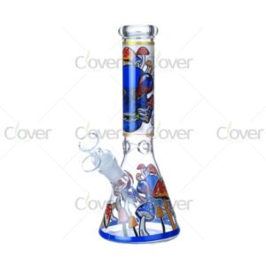 Cheap beaker bong with colorful decal designs, durable borosilicate glass for smooth hits.