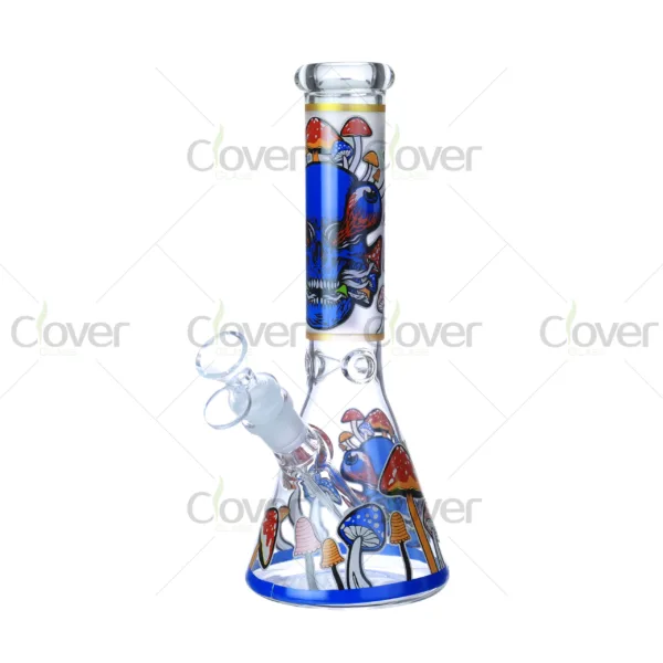 Cheap beaker bong with colorful decal designs, durable borosilicate glass for smooth hits.
