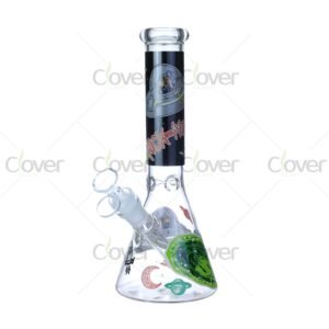 Cheap beaker bong with colorful decal designs, durable borosilicate glass for smooth hits.