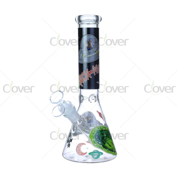Cheap beaker bong with colorful decal designs, durable borosilicate glass for smooth hits.