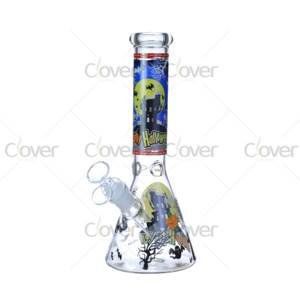 Cheap beaker bong with colorful decal designs, durable borosilicate glass for smooth hits.