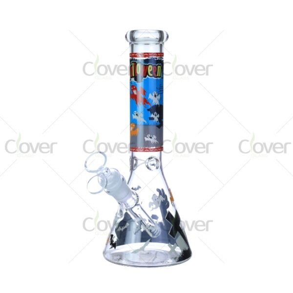 Cheap beaker bong with colorful decal designs, durable borosilicate glass for smooth hits.