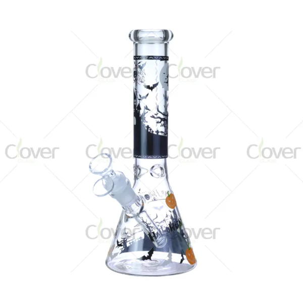 Cheap beaker bong with colorful decal designs, durable borosilicate glass for smooth hits.
