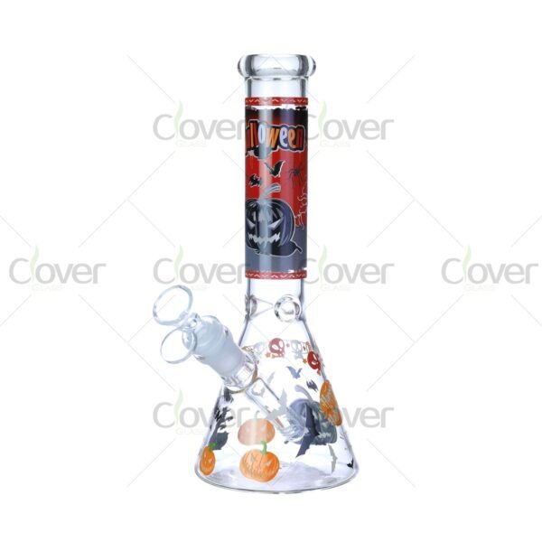 Cheap beaker bong with colorful decal designs, durable borosilicate glass for smooth hits.