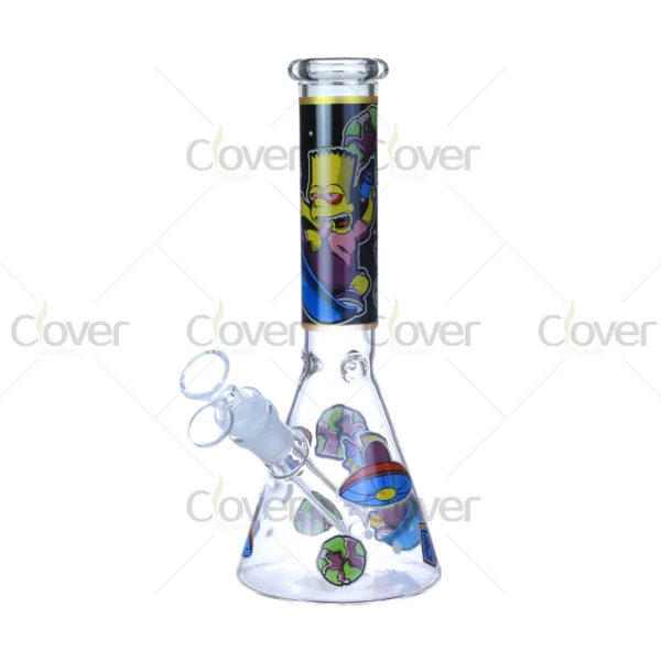 Cheap beaker bong with colorful decal designs, durable borosilicate glass for smooth hits.