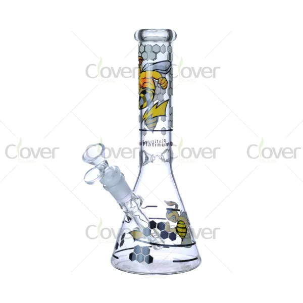 Cheap beaker bong with colorful decal designs, durable borosilicate glass for smooth hits.