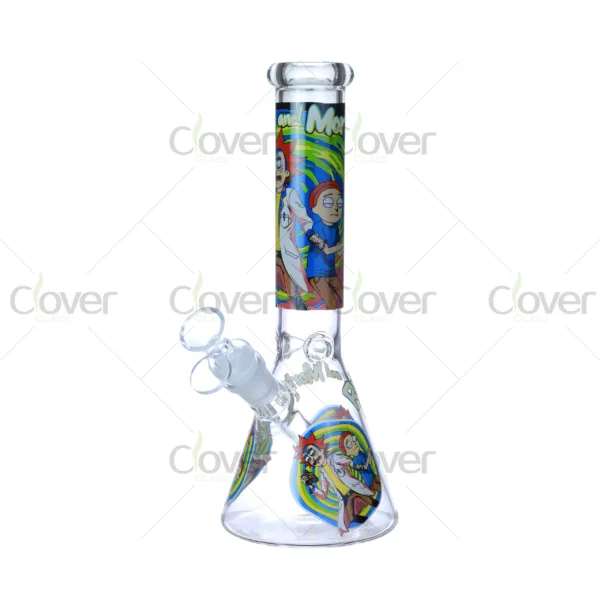 Cheap beaker bong with colorful decal designs, durable borosilicate glass for smooth hits.