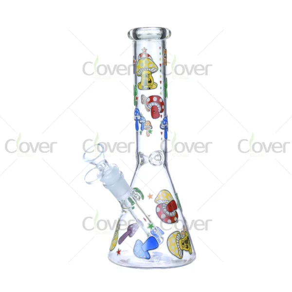 Cheap beaker bong with colorful decal designs, durable borosilicate glass for smooth hits.