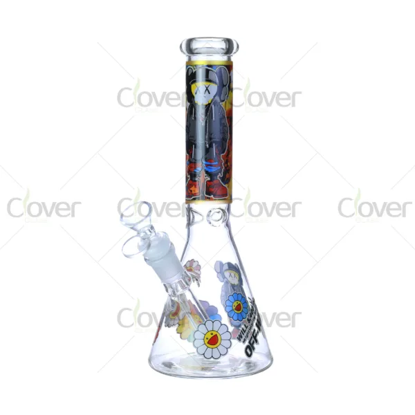 Cheap beaker bong with colorful decal designs, durable borosilicate glass for smooth hits.