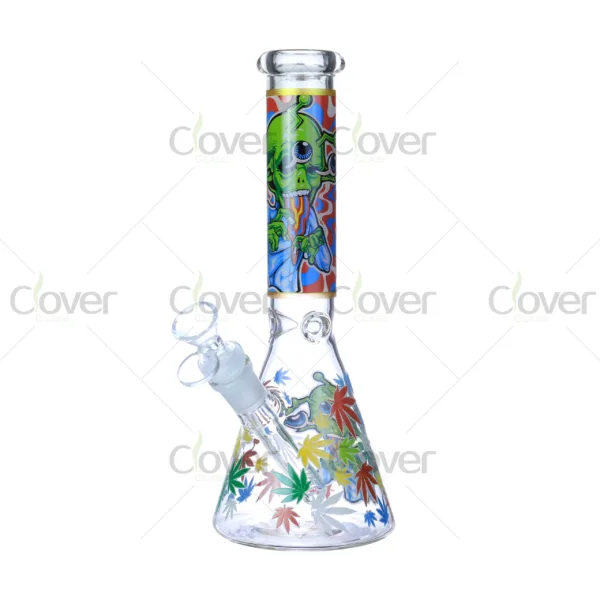Cheap beaker bong with colorful decal designs, durable borosilicate glass for smooth hits.