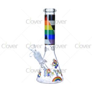 Cheap beaker bong with colorful decal designs, durable borosilicate glass for smooth hits.