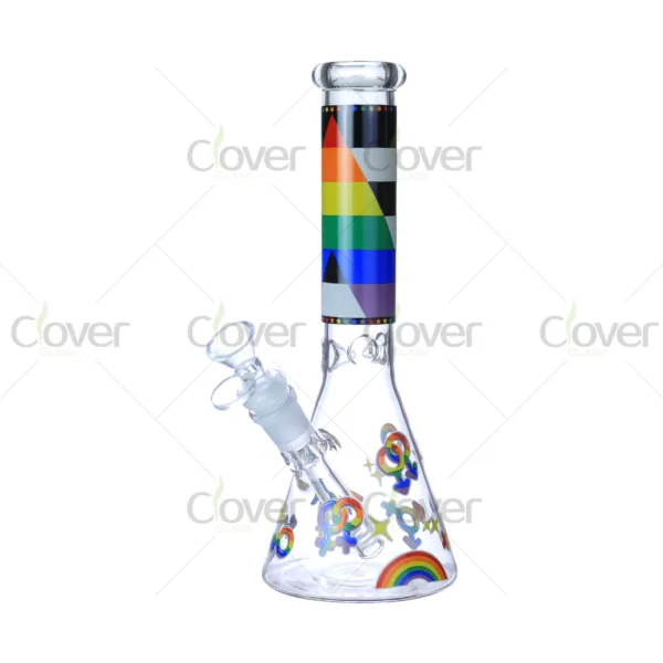 Cheap beaker bong with colorful decal designs, durable borosilicate glass for smooth hits.