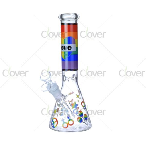 Cheap beaker bong with colorful decal designs, durable borosilicate glass for smooth hits.