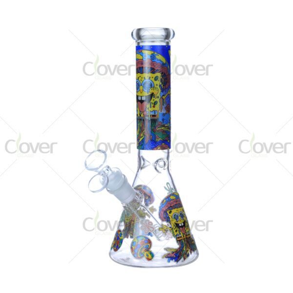 Cheap beaker bong with colorful decal designs, durable borosilicate glass for smooth hits.