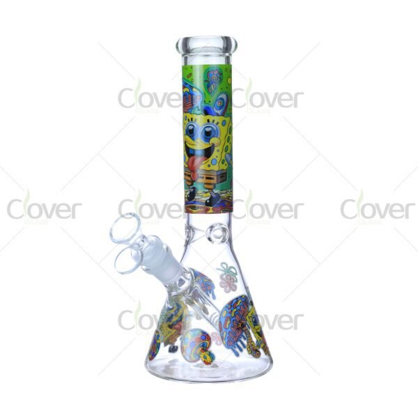 Cheap beaker bong with colorful decal designs, durable borosilicate glass for smooth hits.