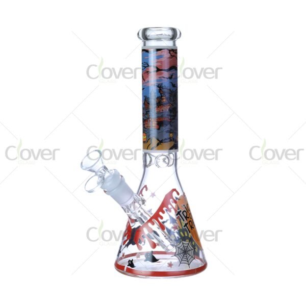 Cheap beaker bong with colorful decal designs, durable borosilicate glass for smooth hits.