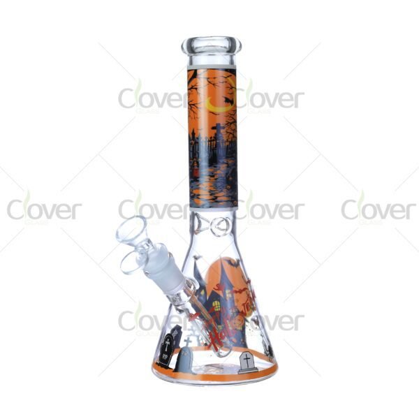 Cheap beaker bong with colorful decal designs, durable borosilicate glass for smooth hits.